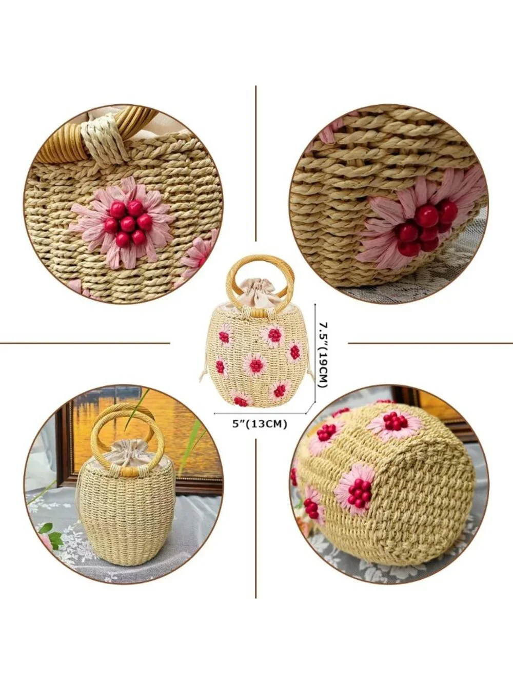 Chic Woven Straw Tote Bag with Flower Pearls & Diamonds - Summer Beach Essential